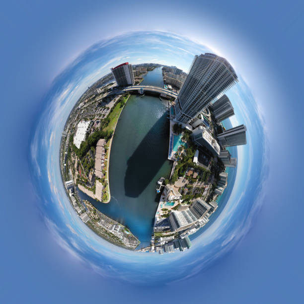 Tiny Planet 3D special effect of Miami Beach canal stock photo