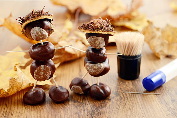to craft Chestnut mannequin tinker Chestnut mannequin with toothpick and glue. on table two figures with hat of chestnut nutshell. in backgrond maple leaf. horse chestnut seed stock pictures, royalty-free photos & images