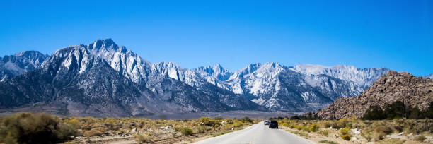 To Whitney! Mount Whitney view from Whitney Portal Road. Lone Pine, California, USA californian sierra nevada stock pictures, royalty-free photos & images