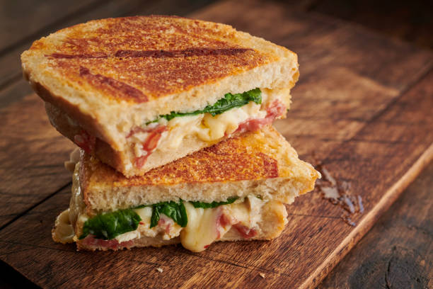 Toasted Chicken, Chorizo, Cheese and Spinach sandwich. stock photo