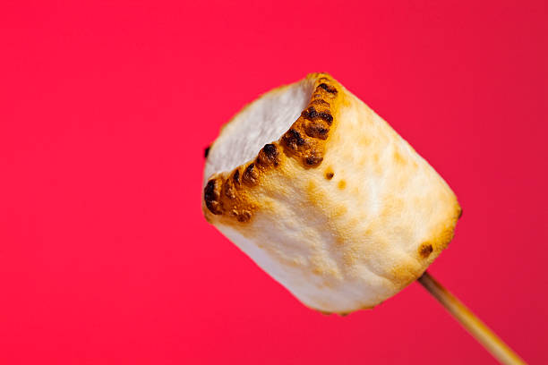 Toasted Marshmallow A Toasted Marshmallow On A Bright Red Background toasted food stock pictures, royalty-free photos & images