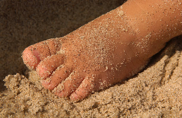 Toddler's Sandy Foot on Beach at Seashore stock photo
