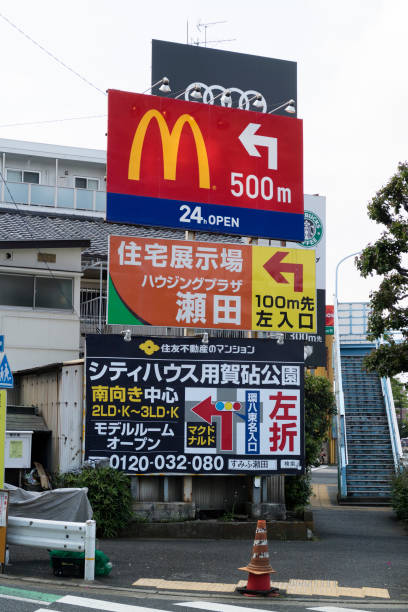 Tokyo, Japan -  Advertisement column in the street Tokyo, Japan - May 15,2017: Advertisement column in the street to Mc Donalds and shops in Japanese language mcdonalds japan stock pictures, royalty-free photos & images