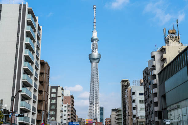 東京スカイツリーが東京の街の通りに位置晴天のとき、日本 - スカイツリー ストックフォトと画像