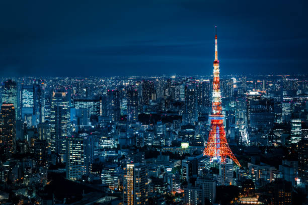 東京の夜の街並み - 港区 東京タワー ストックフォトと画像