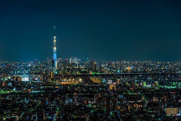 Tokyo skytree and skyscrapers at dusk stock photo