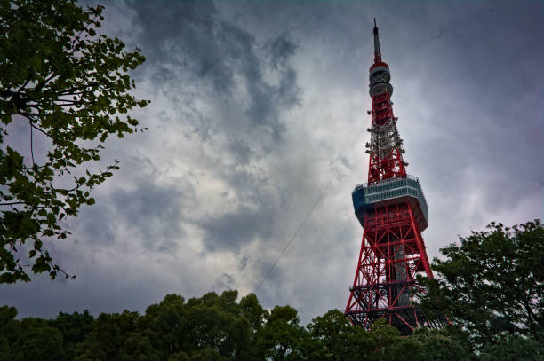 Tokyo Tower under dramatic skies, Japan stock photo