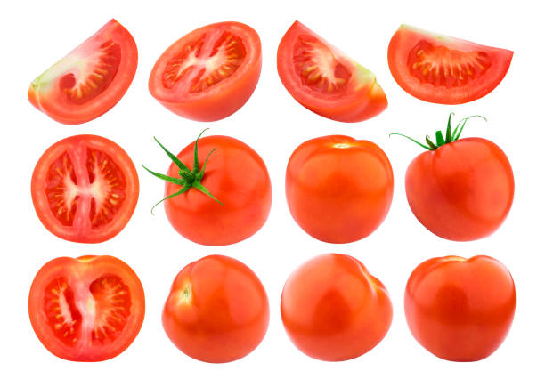 Tomato isolated isolated on white background. Collection. Single Tomatoes isolated. Fresh cut tomato set isolated on white background with clipping path tomato stock pictures, royalty-free photos & images