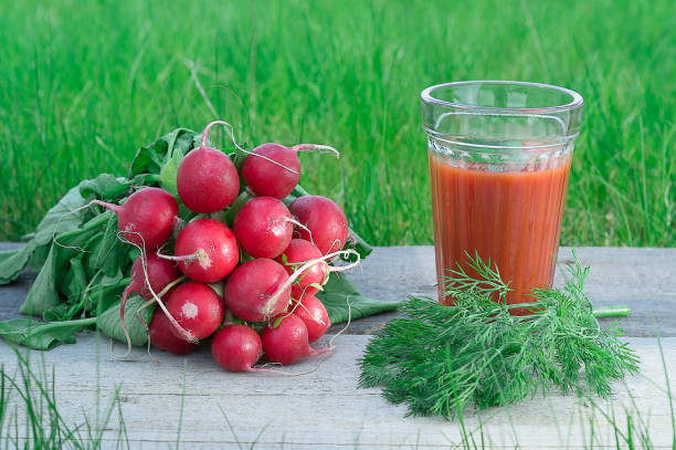 Tomato juice on glass, fresh radishes and dill, horizontal, green blurred backgrounds. stock photo
