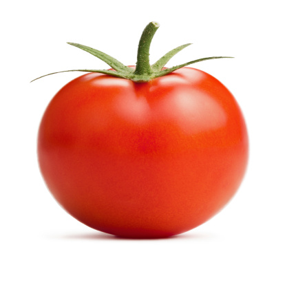 Tomato front view on white background. Deep focus.Related pictures: