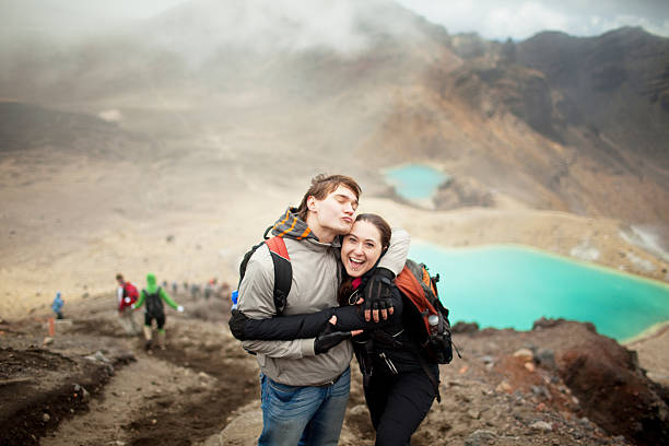Tongariro Crossing series - happy couple stock photo
