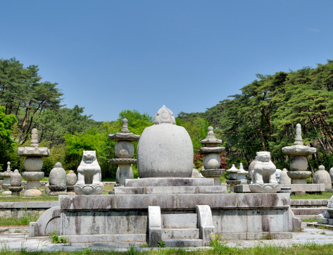 Buddhist statuary at the Tongdosa temple in South Korea. These are burial markers and memorials honoring contributors to the shrine which has been extant since the year 646 CE and monks who served there.
