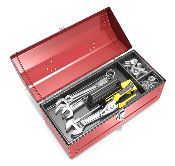 toolbox und tools. - werkzeugkasten von oben stock-fotos und bilder