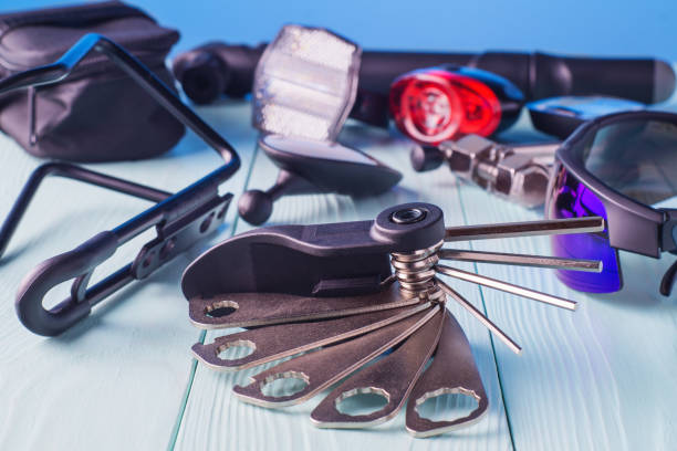 Tools and accessories set for cycling. stock photo