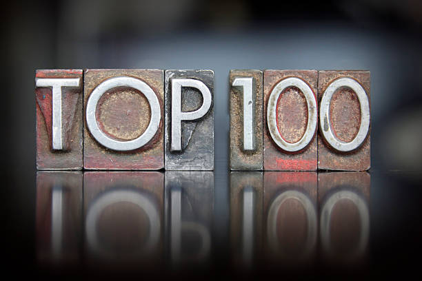 Top 100 Letterpress The words Top 100 written in vintage letterpress type high section stock pictures, royalty-free photos & images