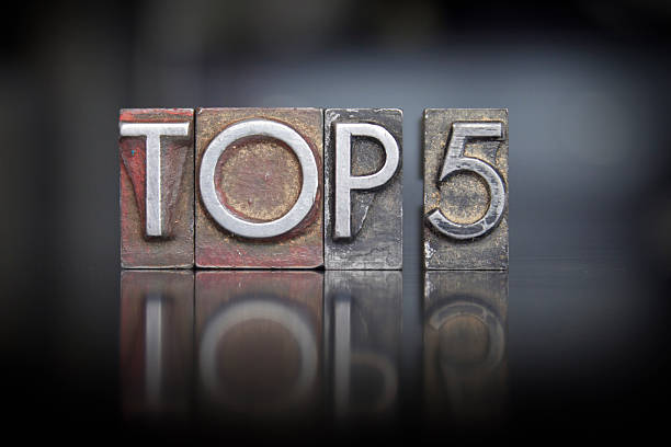 Top 5 Letterpress The words Top 5 written in vintage letterpress type high section stock pictures, royalty-free photos & images