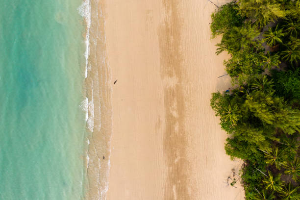 Top down aerial view of a deserted tropical beach in Thailand during the Coronavirus outbreak Top down aerial view of a deserted tropical beach in Thailand during the Coronavirus outbreak desert island stock pictures, royalty-free photos & images
