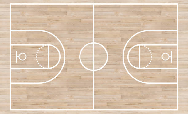 Top view, Basketball court and layout line on wooden texture background stock photo