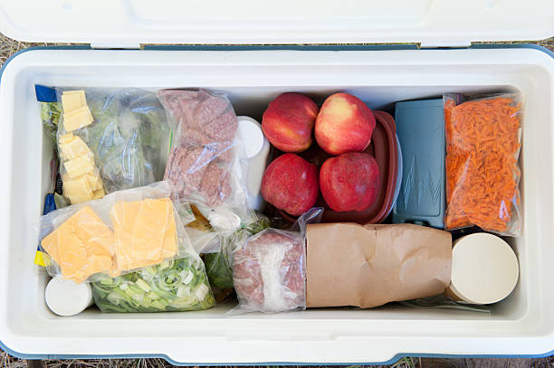 Top view of a cooler filled with various foods stock photo