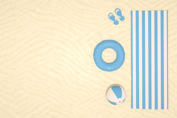 top view of beach, sand background, minimal summer concept - beach towel imagens e fotografias de stock
