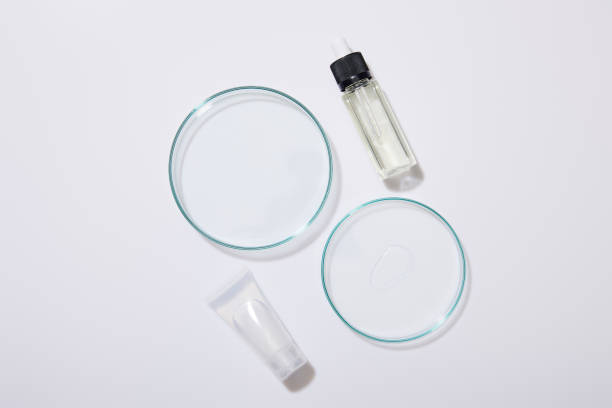 Top view of laboratory glassware, cosmetic tube and bottle of oil on grey background Top view of laboratory glassware, cosmetic tube and bottle of oil on grey background petri dish stock pictures, royalty-free photos & images