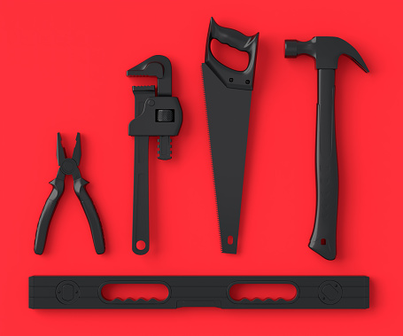 Top view of monochrome construction tools for repair and installation on red and black background. 3d rendering and illustration of service banner for house plumber or repairman