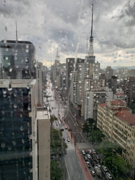 Top view of Paulista Avenue on a rainy day stock photo