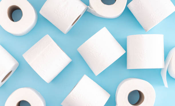 Top view of rolls of toilet paper on blue background stock photo