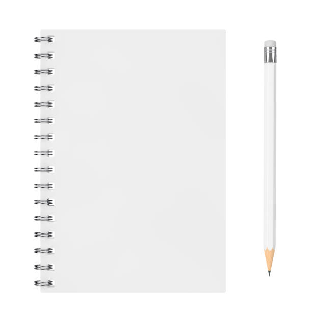 Top View of White Closed Spiral Paper Cover Notebook with White Pencil with Blank Space for Yours Design. 3d Rendering stock photo