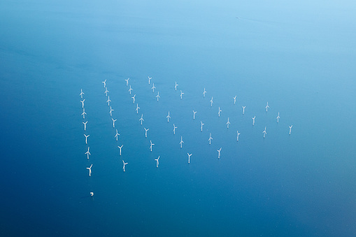 Top view of wind farms in the sea