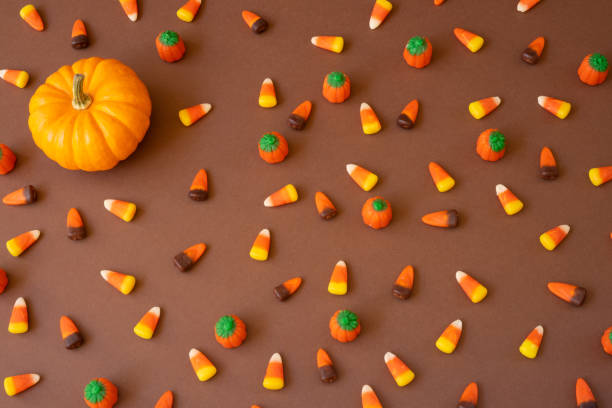 Top View Pumpkin and Candy Corn stock photo