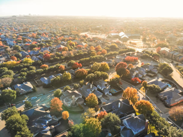 Top view residential neighborhood and sprawl in autumn season in North of Dallas stock photo