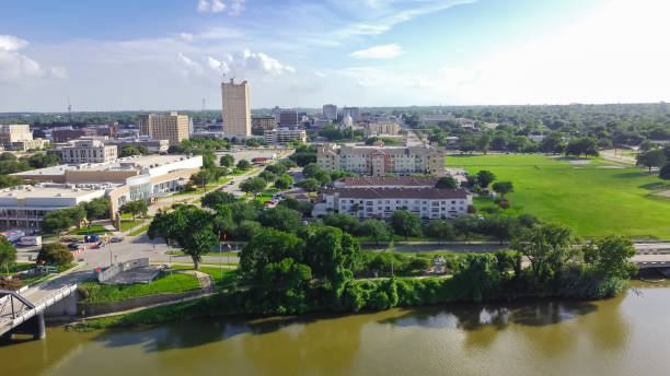 Top view riverside downtown Waco and Cultural District from Washington Avenue Bridge stock photo