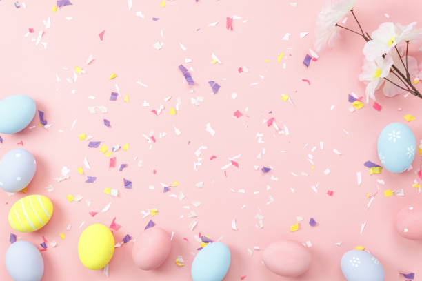 Top view shot of arrangement decoration Happy Easter holiday background concept.Flat lay colorful bunny eggs with accessory ornament on modern beautiful pink paper at office desk.Design pastel tone.  humorous happy birthday images stock pictures, royalty-free photos & images