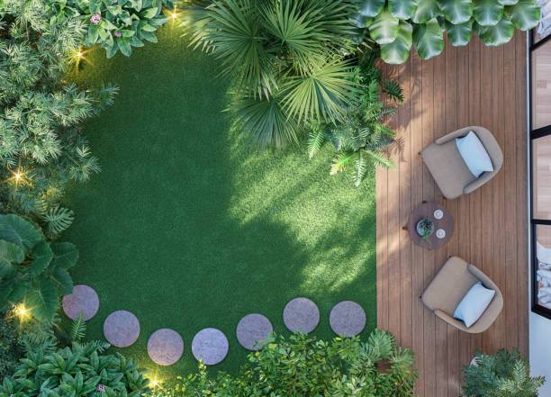 Top view wooden terrace with tropical style green garden 3d render stock photo