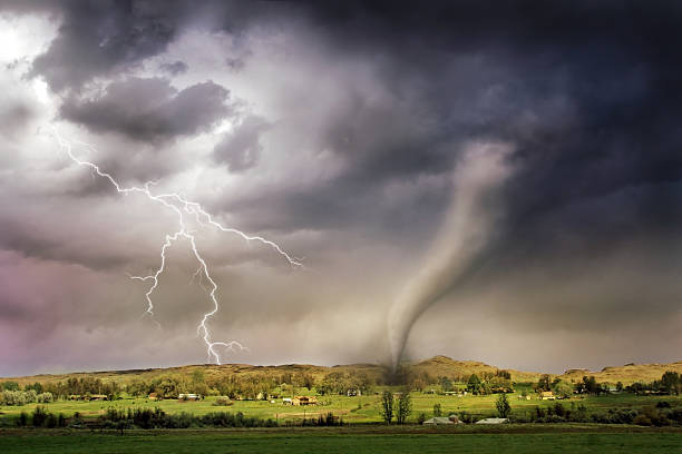 Tornado and Lightning Mix of dgital painting and photographic elements of extreme weather. Photo is of rural Washington state terrain. extreme weather photos stock pictures, royalty-free photos & images