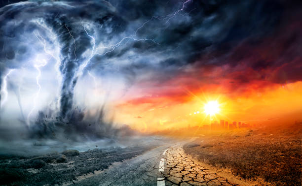 tornado in stormy landscape - climate change and natural disaster concept - climate change imagens e fotografias de stock
