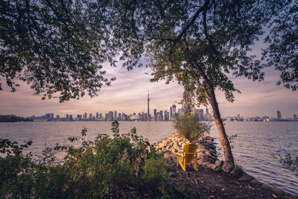 Toronto city during sunset from Toronto Central Island stock photo