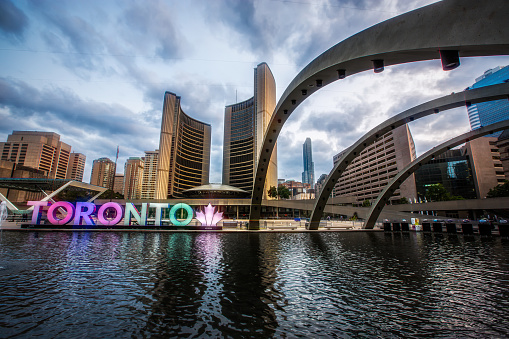 Toronto, Ontario, Canada - August 31, 2017:  A view of Toronto City Hall and Nathan Phillips Square.