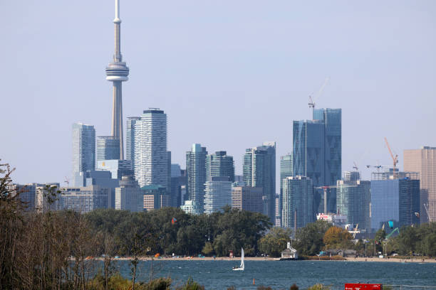 Toronto skyline from Tommy Thompson Park stock photo