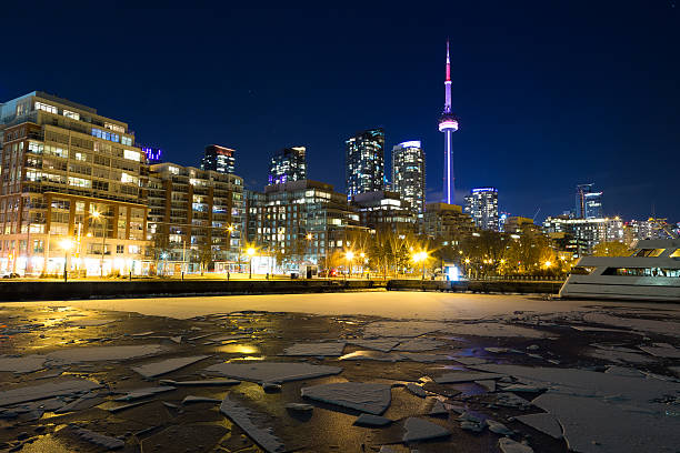 Toronto Skyline in the winter showing the frozen lake stock photo
