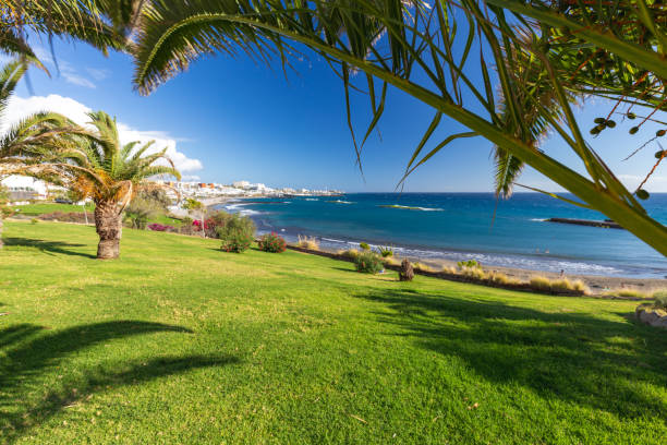 Torviscas Beach ,near El Duque Castle, Tenerife, Spain. stock photo