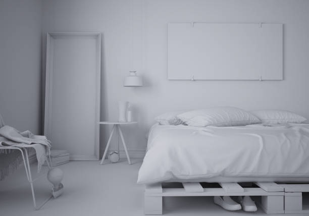 Total del proyecto blanco de mínimo dormitorio con cama de madera bricolaje plataforma, diseño de interiores arquitectura contemporánea - foto de stock