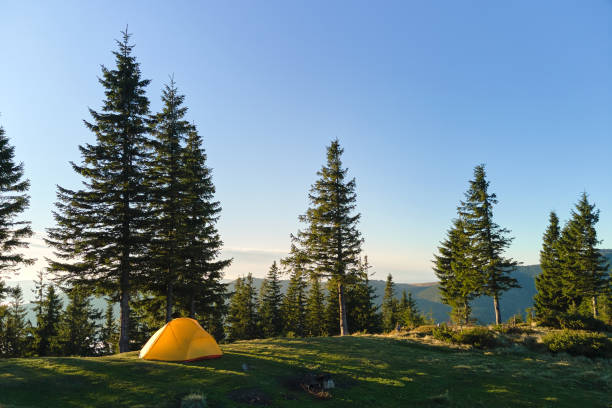 Tourist camping tent on mountain campsite at bright sunny evening. Active tourism and hiking concept stock photo