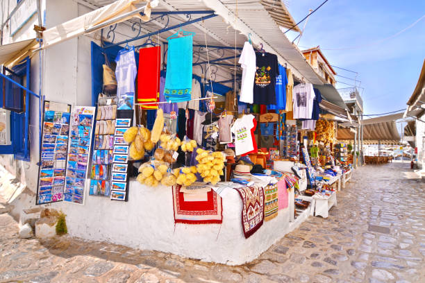 touristic shops with souvenirs at Hydra island Greece stock photo