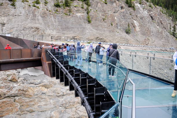 Tourists enjoying the Skywalk in Jasper National Park stock photo