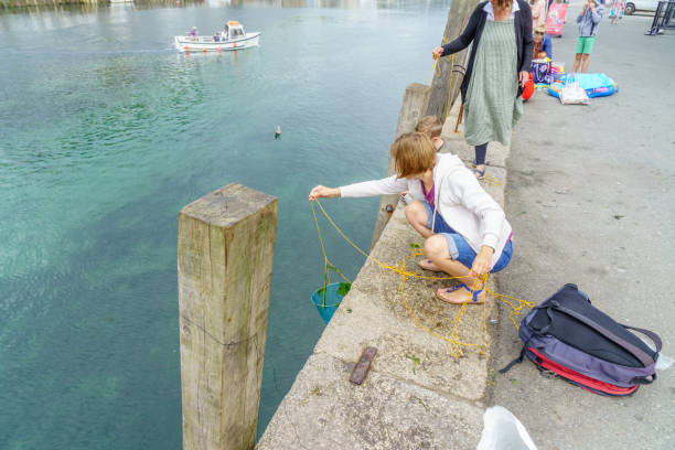 Tourists in Cornish seaside town of Looe Looe, UK - August 08, 2018: Tourists in Cornish seaside town of Looe. Families pictured on the harbourside fishing for crabs off the wall crabbing stock pictures, royalty-free photos & images
