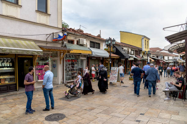 Tourists in the Old Bazaar of Skopje. stock photo