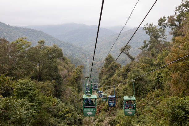 Tourists inside cablecars in the Wild Elephant Valley near Jinghong in Yunnan stock photo