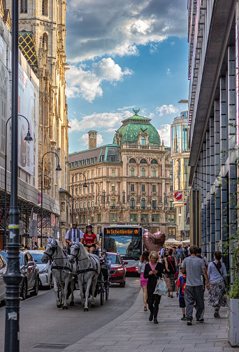 Vienna, Austria - August 12, 2022: Tourist entertaining horse carriage on the old Vienna street. Summer   day in the capital of Austria. Tourists walking along the wet ancient streets